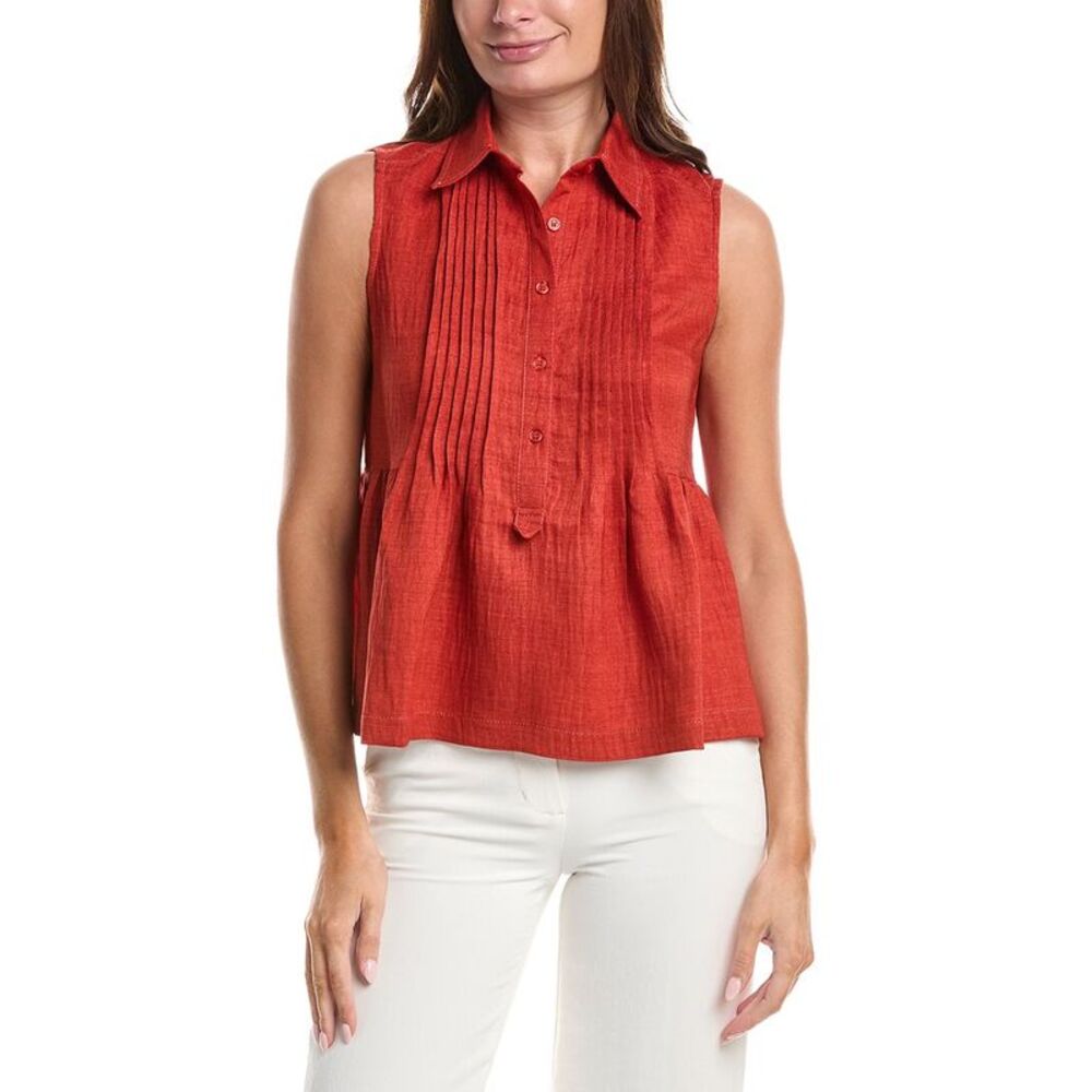 Max Studio Womens Front Pleat Peplum Shirt, Orange